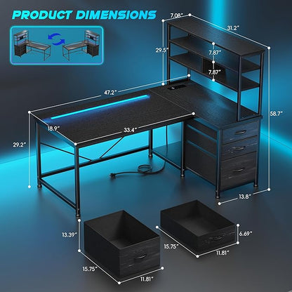 DurayLoly L Shaped Gaming Desk with 3 Fabric Drawers & Shelves for Storage | Reversible Computer Desk with LED Lights, Power Outlet and PC Stand of Home Office Desk for Bedroom,Dorm,Gaming Room,Black