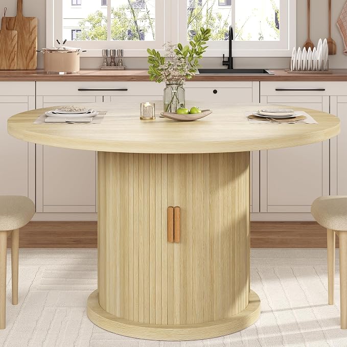 47.24" Round Dining Table for 4, Farmhouse Fluted Kitchen Tables Dining Room Circle Dinner Table, Modern Wood Kitchen & Dining Room Tables
