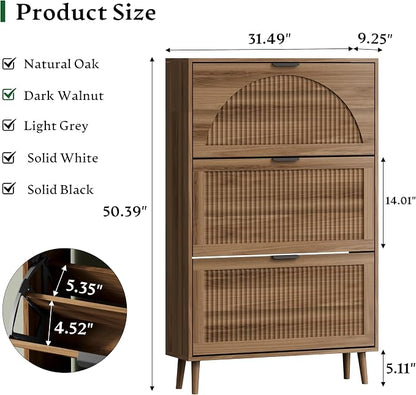 Xixini Shoe Storage Cabinet with 3 Flip Drawers, 50" Tall Narrow Wood Fluted Shoe Organizer for Entryway, Freestanding Wooden Hidden Slim Shoe Rack for Front Door Entrance, Hallway, Foyer, Dark Walnut