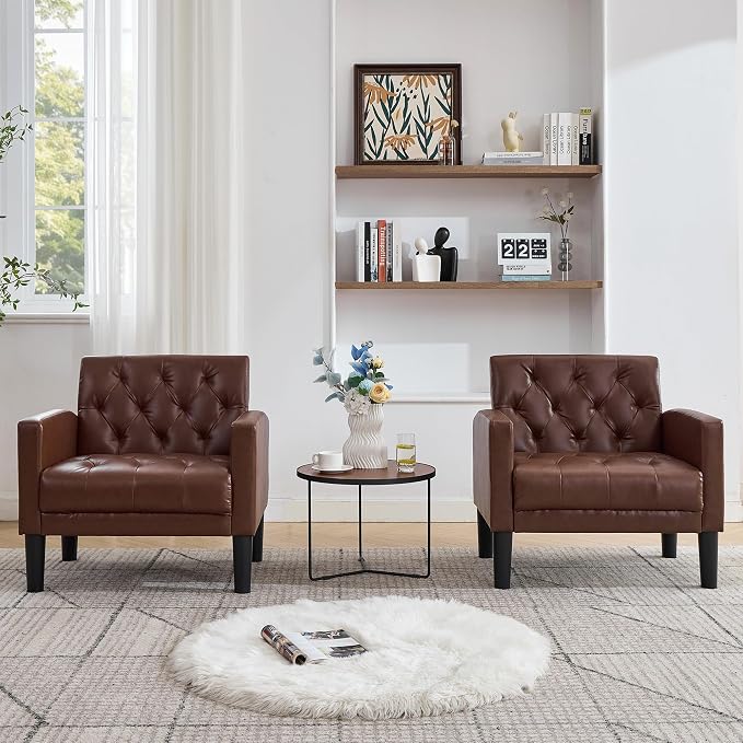 TYBOATLE Accent Chairs Set of 2, Comfy Living Room Chair Leather Tufted Mid Century Modern Accent Chair, Small Cozy Reading Arm Chair for Office, Bedroom