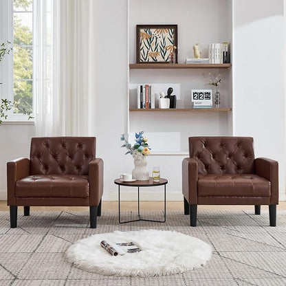 TYBOATLE Accent Chairs Set of 2, Comfy Living Room Chair Leather Tufted Mid Century Modern Accent Chair, Small Cozy Reading Arm Chair for Office, Bedroom