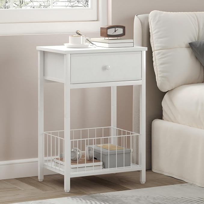 White Small nightstand, White Nightstand, Side Table for Small Spaces, 2 Tiers Storage Shelves End Table, Night Stand for Living Room, Bedroom, Dorm LNT0061W