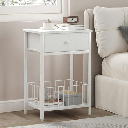 White Small nightstand, White Nightstand, Side Table for Small Spaces, 2 Tiers Storage Shelves End Table, Night Stand for Living Room, Bedroom, Dorm LNT0061W