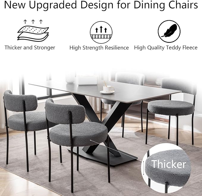 Cinxzar Grey Boucle Dining Chairs Set of 4, Upholstered Dining Room Chairs with Black Metal Legs, Round Modern Dining Chair for Dining Room, Kitchen