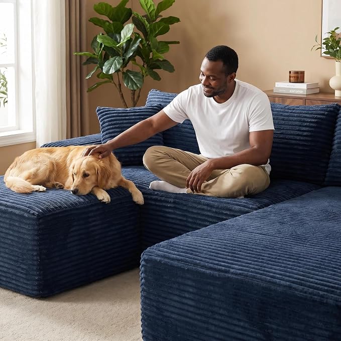 95-Inch U-Shaped Right Facing Corner Compressed Sofa Modular Sectional Boneless Cloud Sofa Floor Foam Couch W/Chaise Lounge & Ottoman, Corduroy Corner Boneless Cloud Couch