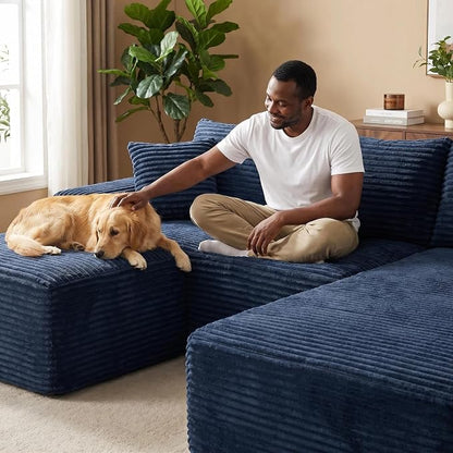 95-Inch U-Shaped Right Facing Corner Compressed Sofa Modular Sectional Boneless Cloud Sofa Floor Foam Couch W/Chaise Lounge & Ottoman, Corduroy Corner Boneless Cloud Couch