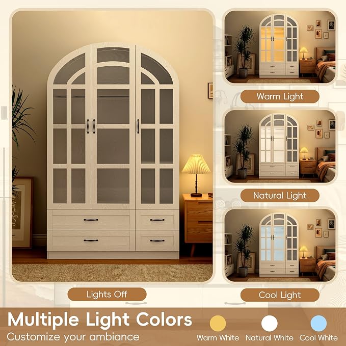 Squireewo 78" Arched Armoire Wardrobe Closet with Motion Sensor LED Light, 3 Windowpane Glass Doors & 4 Drawers, Large Wood Bedroom Storage Cabinet, Clothing Organizer with Hanging Rod, White
