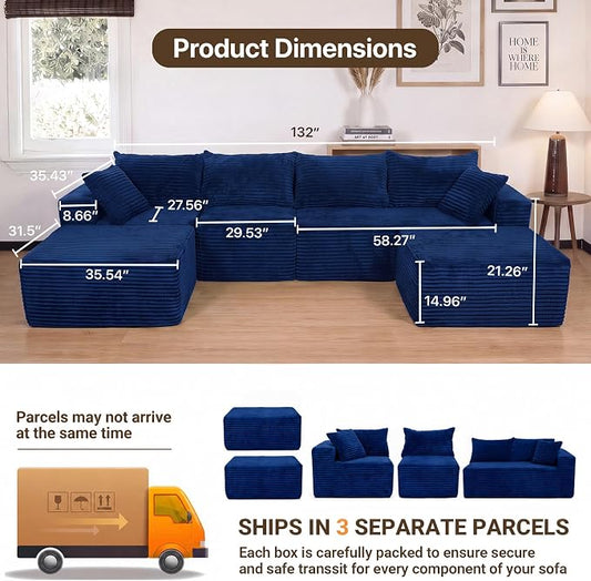 Claiks 132" Boneless Couch, Cloud Couch Sectional, U-Shape Corduroy Modular Sectional Sofa Deep Seat, Upholstered Couches for Living Room, No Assembly Required, Blue
