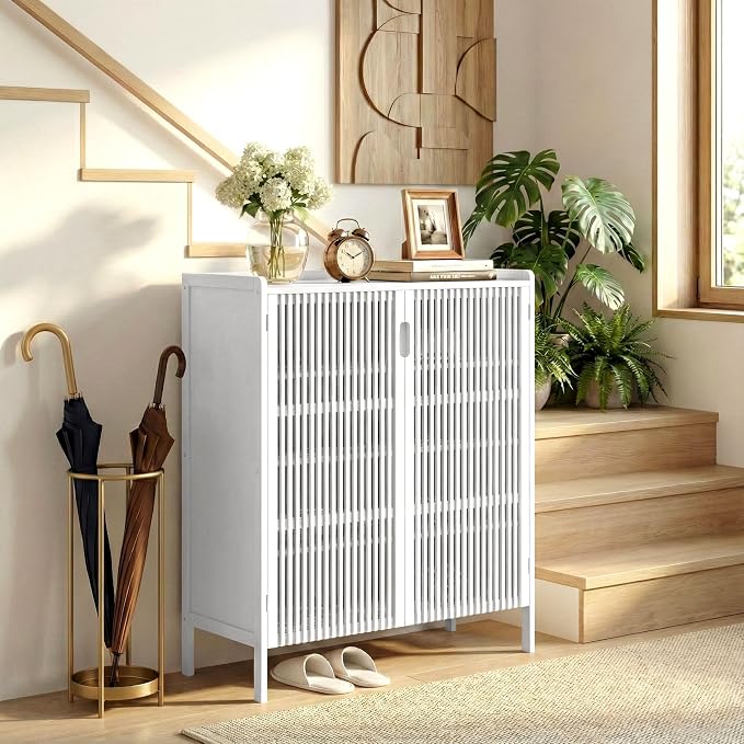 Shoe Cabinet with Doors Bamboo 5 Tiers Shoe Storage Cabinet for Entryway, 25 Pairs Wooden Shoe Cabinets, Modern Shoe Organizer Storage for Living Room, Bedroom, Hallway, Closet (White)