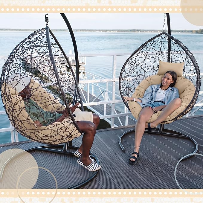 Tudomro Beige Egg Chair Cushion Hanging Basket Chair Replacement 45x45 Hammock Basket Swing Waterproof Cushion Hanging Swing Pads with Headrest for Indoor Outdoor Porch Backyard Patio Garden