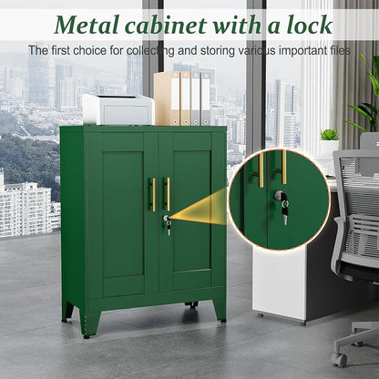 Green Metal Storage Cabinet, 36" Tall Locking Storage Cabinet, 14”D | with 2 Adjustable Shelves, Steel Locker Organizer, Metal Freestanding Buffet Cupboards Sideboard for Office, Home, School,2PS