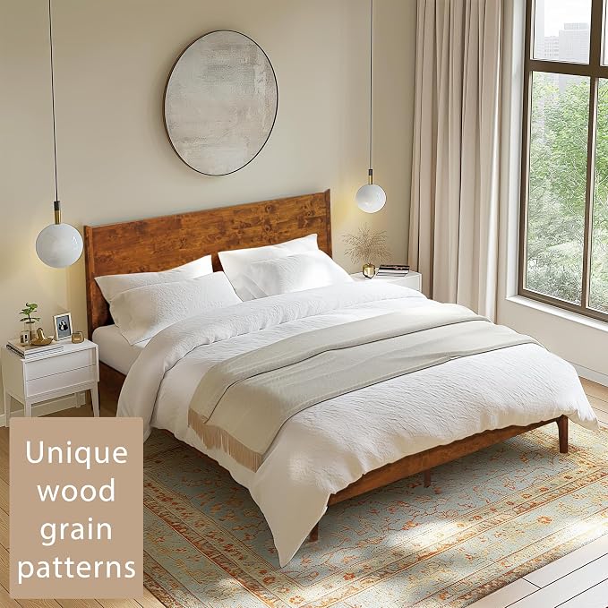 Acacia Haven King Size Bed Frame and Headboard, King Size Platform Bed Frame Scandinavian Wood Bed Compatible with All Mattress Types, 800 lbs Capacity Wood Slats Support, Walnut.