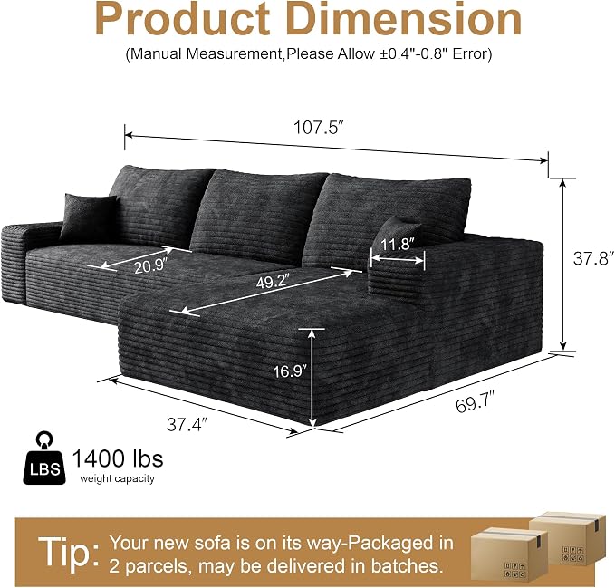 AUGOP 108" Sectional Couches for Living Room Modern Modular Sofa with L-Shape Couchs Upholstered Boneless Couch Deep Seat Sectional Couch with Chaise (Black, Right Facing Chaise+2Seaters)
