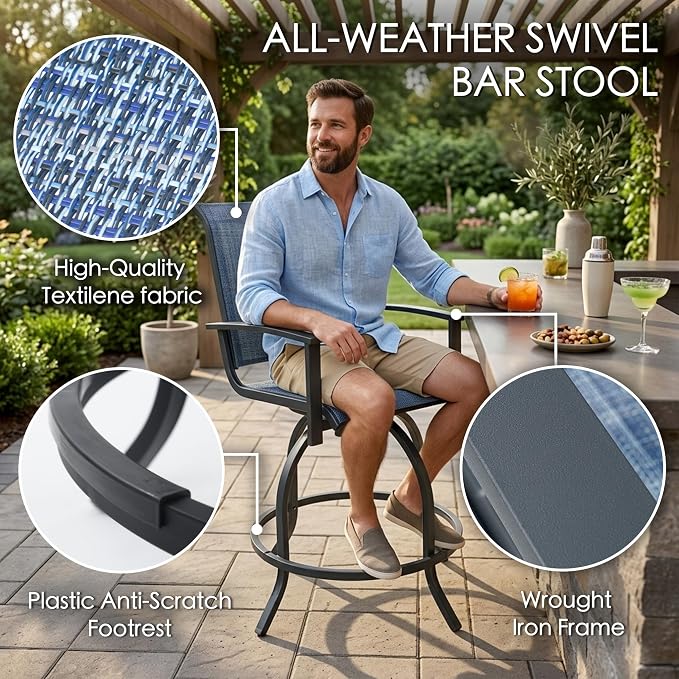 Kozyard Outdoor Swivel Bar Stools Set of 2, 360° Swivel Counter-Height Patio Bar Chairs with High Back, Powder-Coated Steel Frame & Textilene Fabric for Backyard, Balcony, Kitchen Island Navy Blue