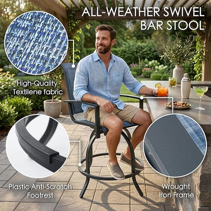 Kozyard Outdoor Swivel Bar Stools Set of 2, 360° Swivel Counter-Height Patio Bar Chairs with High Back, Powder-Coated Steel Frame & Textilene Fabric for Backyard, Balcony, Kitchen Island Navy Blue