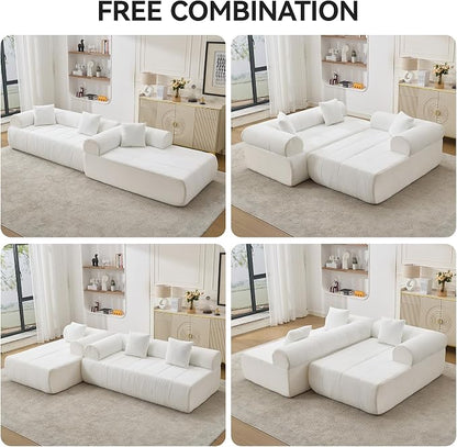 119'' Curved Boneless Sofa Couch, 3 Seat Cloud L Shaped Deep Seat Couches for Living Room, No Assembly Modular Sofa with Right Chaise Lounge, White