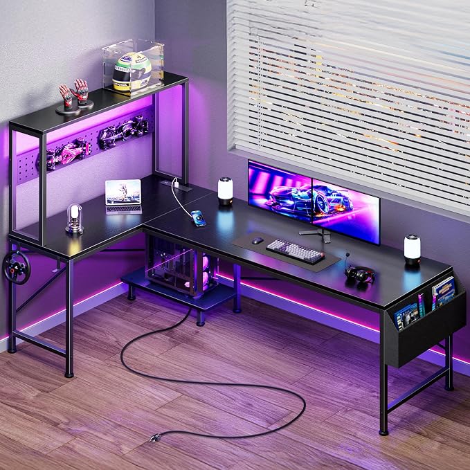 PRAISUN L Shaped Gaming Desk with LED Lights & Power Outlets, Reversible Computer Desk with Storage Shelves & Bag, Large Corner Home Office Desk with Pegboard for Work from Home, Black