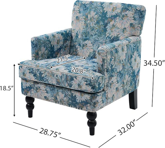 Christopher Knight Home Eve Modern Upholstered Club Chair, Wooden Living Room Accent Chair, Bedroom Comfy Reading Chair, Multifunctional Armchair, Blue Floral
