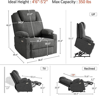 MCombo Power Lift Recliner Chair for Elderly R7042(Grey, Small-Wide) | Heat and Massage, USB& Type C Charging Port, FSC Certified