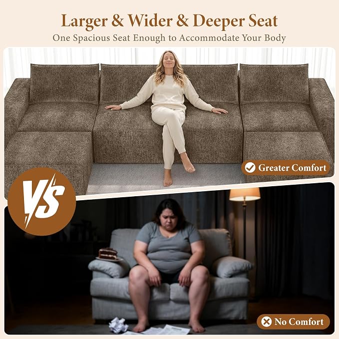 Vesgantti 145.6" Modular Boneless Couch, Modern U Shaped 6 Seater Sectional Sofa with 2 Ottoman & Deep Seat, Convertible Chenille Cloud Couches for Living Room, No Assembly Required, Dark Brown