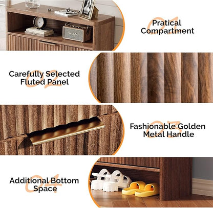 VINGLI Walnut Slim Shoe Cabinet for Entryway, Curved Hidden Shoe Storage Cabinet with 2 Flip Drawers & Open Shelf, Modern Narrow Shoe Organizer with Fluted Panel & Anti-Tip Kit, 32.7" W, Dark Wood