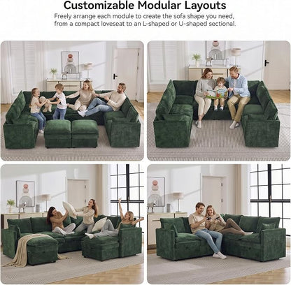 130" Green Oversized Modular Storage Sofa, U Shaped Chenille Cloud Couch | Oversized Convertible Sectional Sofa, 9-Seat Sectional Couch With 2 Ottomans, Large Cloud Couch For Living Room, Apartment.
