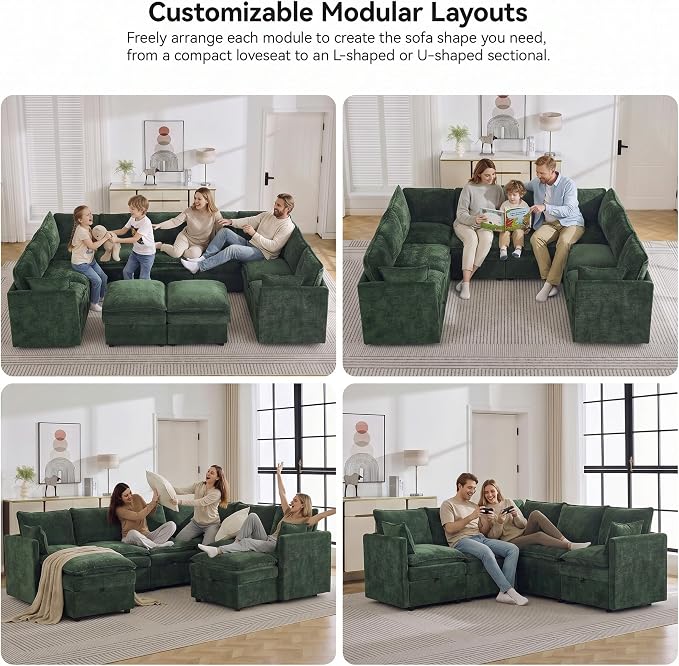 105" Green Modular Storage Sofa, U Shaped Chenille Couch with 2 Ottomans | Oversized Convertible Sectional Sofa, 6-Seat Sectional Couch With 2 Ottomans, Large Cloud Couch For Living Room, Apartment.