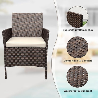 3 Pieces Patio Furniture Sets, Outdoor Wicker Furniture with Soft Cushion and Glass Coffee Table, Modern Rattan Patio Chairs Conversation Sets for Garden, Poolside, Porch, Balconies, Brown and White