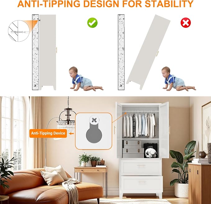 71" Tall Metal Wardrobe Cabinet with 2 Drawers and Hanging Rod, 2 Doors Wardrobe Closet with Shelf for Bedroom, Office, Laundry Room,Entryway,Foyer,Guesthouse White