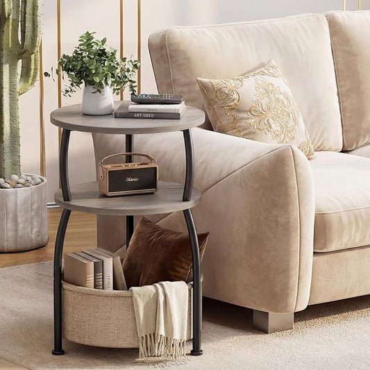 Round Side Table with Storage Basket, End Table Living Room, Greige | Round End Table, Small Bedside Table for Bedroom, 3 Tiers, Sofa Couch Side Table, Linen Storage, Greige 15.75in