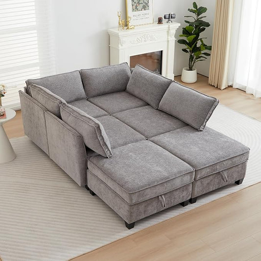 ORRD Sleeper Modular Sectional Sofa Set, Convertible Couch Bed with Storage, 6 Seater and 4 Armrestes Sofa Modular for Living Room, Office (Grey)