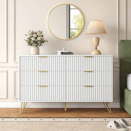 White 6 Drawer Dresser with Golden Handle, Fluted Wood Dressers, Modern Chest for Bedroom, Living Room, Hallway, Entryway