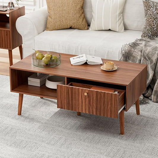 LCRBOL Coffee Table with Fluted Drawer, Mid-Century, Walnut | 39.3"W x 19.7"D x 17.1"H, 1 fluted drawer & open shelf, golden handle, 5 legs, ~45 min assembly