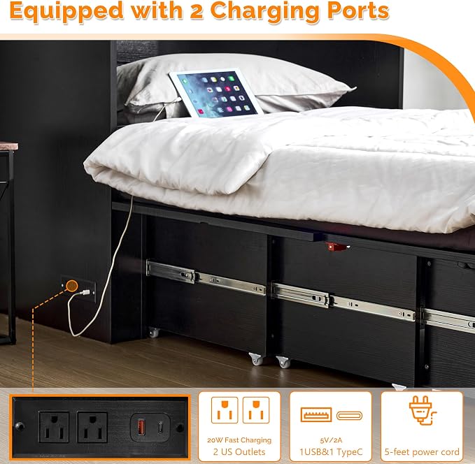 VINGLI Full Size Murphy Bed with Storage Drawer,Smart LED Lighting,Built-in 2 Charging Stations, Space-Saving Cabinet Bed for Kids,Adults & Guests,Classic Black