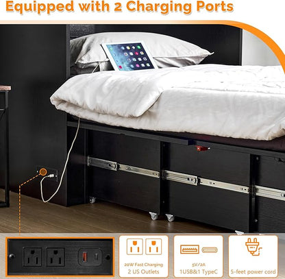 VINGLI Queen Size Murphy Bed with Storage Drawer,Smart LED Lighting,Built-in 2 Charging Stations, Space-Saving Cabinet Bedfor Kids,Adults & Guests,Classic Black