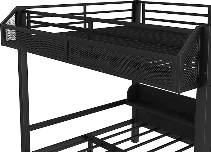 Bellemave Bunk Bed Full Over Full，Metal Bunk beds with Storage Shelves and Drawers USB Ports and LED Lights, Lower Bed That can be Converted into a Sofa, Black