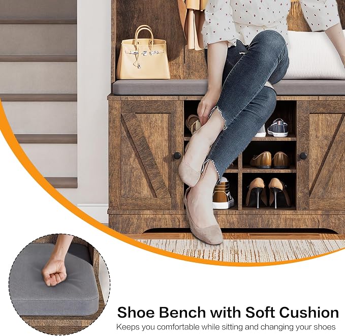 71" Hall Tree with Bench and Shoe Storage, Entryway Hall Tree with 2 Doors and 6 Adjustable Shelves, Cushioned Storage Bench with Coat Rack for Hallway, Living Room, Mudroom