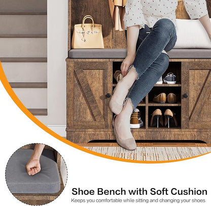 71" Hall Tree with Bench and Shoe Storage, Entryway Hall Tree with 2 Doors and 6 Adjustable Shelves, Cushioned Storage Bench with Coat Rack for Hallway, Living Room, Mudroom