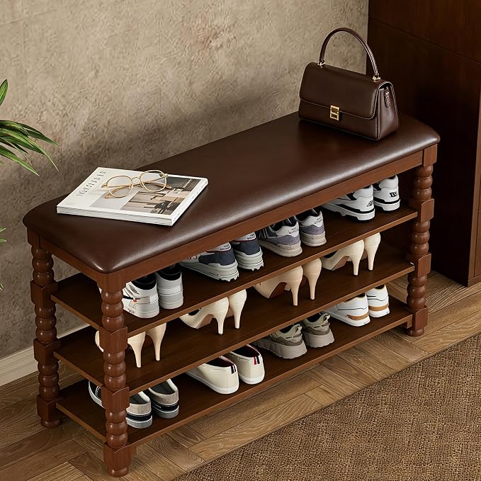 Homleke 3-Tier Solid Wood Shoe Rack Bench with Classic Turned Ball Legs | Tall Entryway Bench with Leather Seat, Holds Up to 12 Pairs, for Hallway, Bedroom and Closet, Walnut, 39.4 Inch