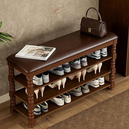Homleke 3-Tier Solid Wood Shoe Rack Bench with Classic Turned Ball Legs | Tall Entryway Bench with Leather Seat, Holds Up to 12 Pairs, for Hallway, Bedroom and Closet, Walnut, 39.4 Inch