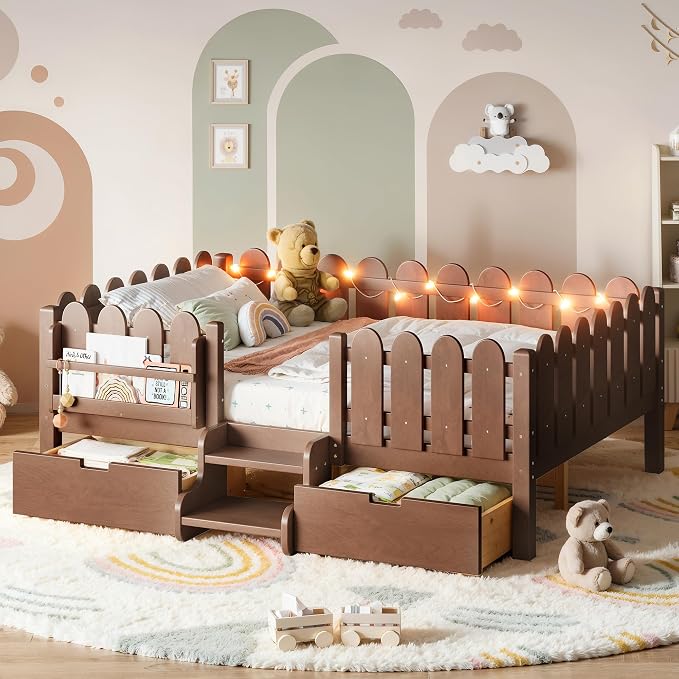 Bellemave Full Kids Montessori Bed with Stairs, Bookshelf and LED Lights, Solid Wood Kids Bed Frame with Storage Drawers for Boys Girls, Low Profile,Deep Natural