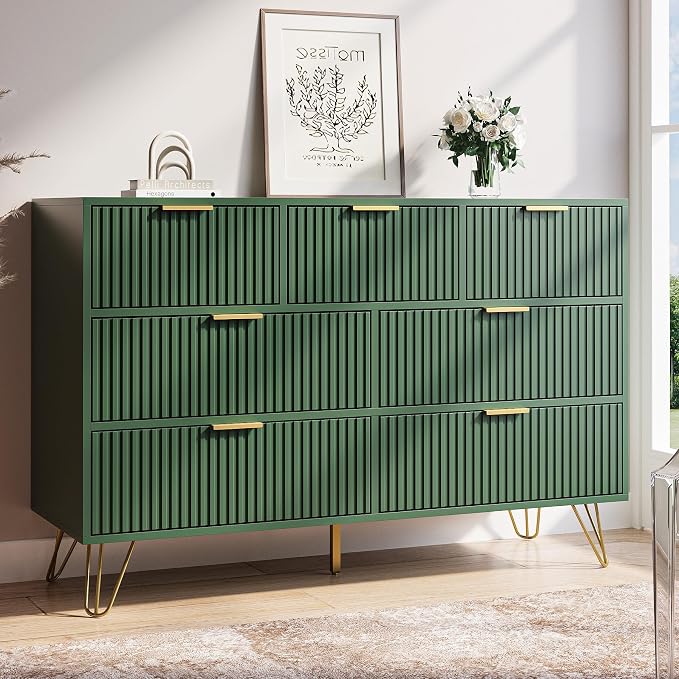 MAISONARIA Green Dresser for Bedroom, 7 Drawer Dresser with Gold Pulls, Wide Chest of Drawers for Bedroom, Entryway, 47.2" L x 15.7" D x 31.4" H