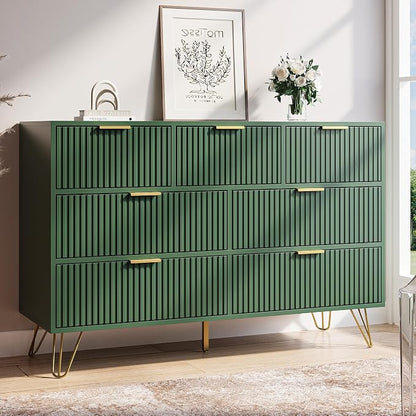 MAISONARIA Green Dresser for Bedroom, 7 Drawer Dresser with Gold Pulls, Wide Chest of Drawers for Bedroom, Entryway, 47.2" L x 15.7" D x 31.4" H