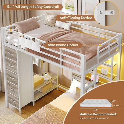 VIAGDO Bunk Bed Twin Over Twin with 5 Storage Drawers, Twin Bunk Beds with Charging Station and Lights, L-Shaped Metal Bunk Bed with Shelves, Bedside Pocket, Guardrail & Ladder for Kids, Teens, White