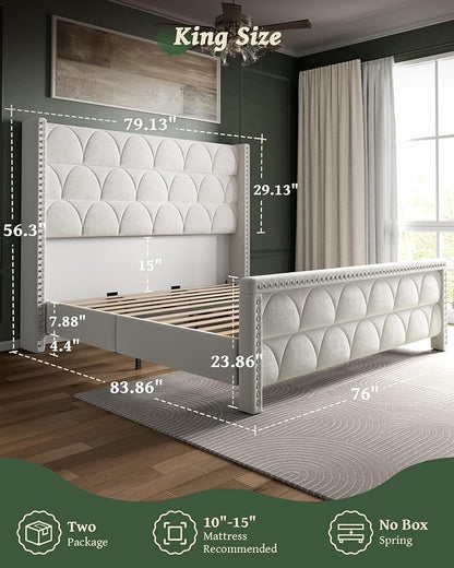 OHOHOLIVE King Size Bed Frame with 56" Headboard - Velvet Upholstered Wingback Platform Bed Frame, Noise Free, Sturdy Wooden Slat Support (Cream, King)