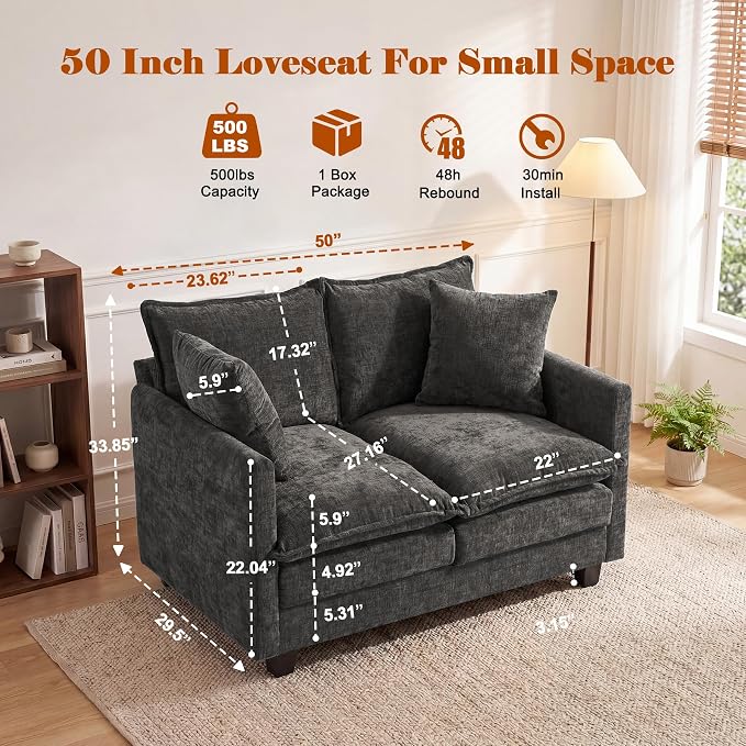 50'' Loveseat Sofa Cloud Sofa Couch, Modern Loveseats 2 Seat Couch 27" Deep Seat with 2 Pillows for Small Spaces Apartment Studio Office Bedroom Living Room, Grey