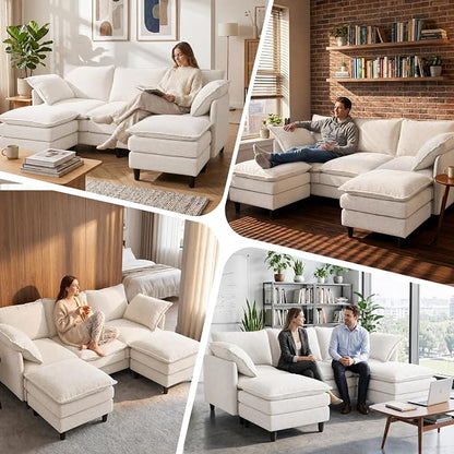 3 Seater U-Shape Couch Sofa with Ottomans, 69" Small Couch Modern Comfy Cloud Sofa with 23" Deep Washable Pillow ChenilleCover Couches for Living Room Bedroom Apartment Office 69-Beige-U