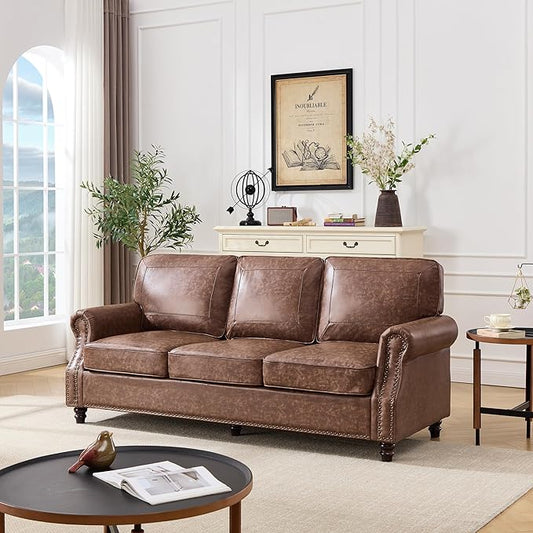 Kingfun Mid-Century Modern Couch, Faux Leather Sofa, 3 Seater Couch for Living Room with Rolled arms & Nailhead Trim, Dark Brown