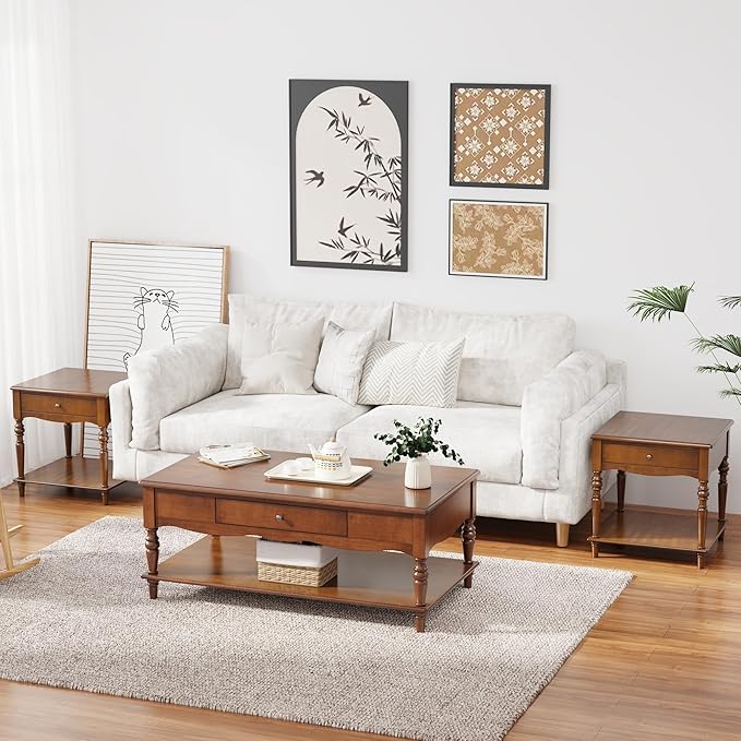 Rectangle Coffee Table with Drawers for Living Room, Solid Wood Coffee Table with Storage Shelf, Mid Century Modern Cherry Wood Coffee Tables, Large Countertop Center Table, Cherry Walnut KFZ-C008-DR