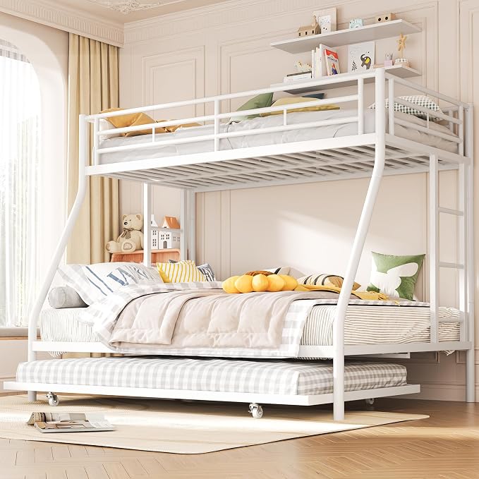 Shintenchi Bunk Bed Twin Over Full Size with Trundle, Heavy-Duty Twin&Full Frame with Full-Length Guardrail and Two Ladders, Triple for Kids, Teens and Adults, Space-Saving, White